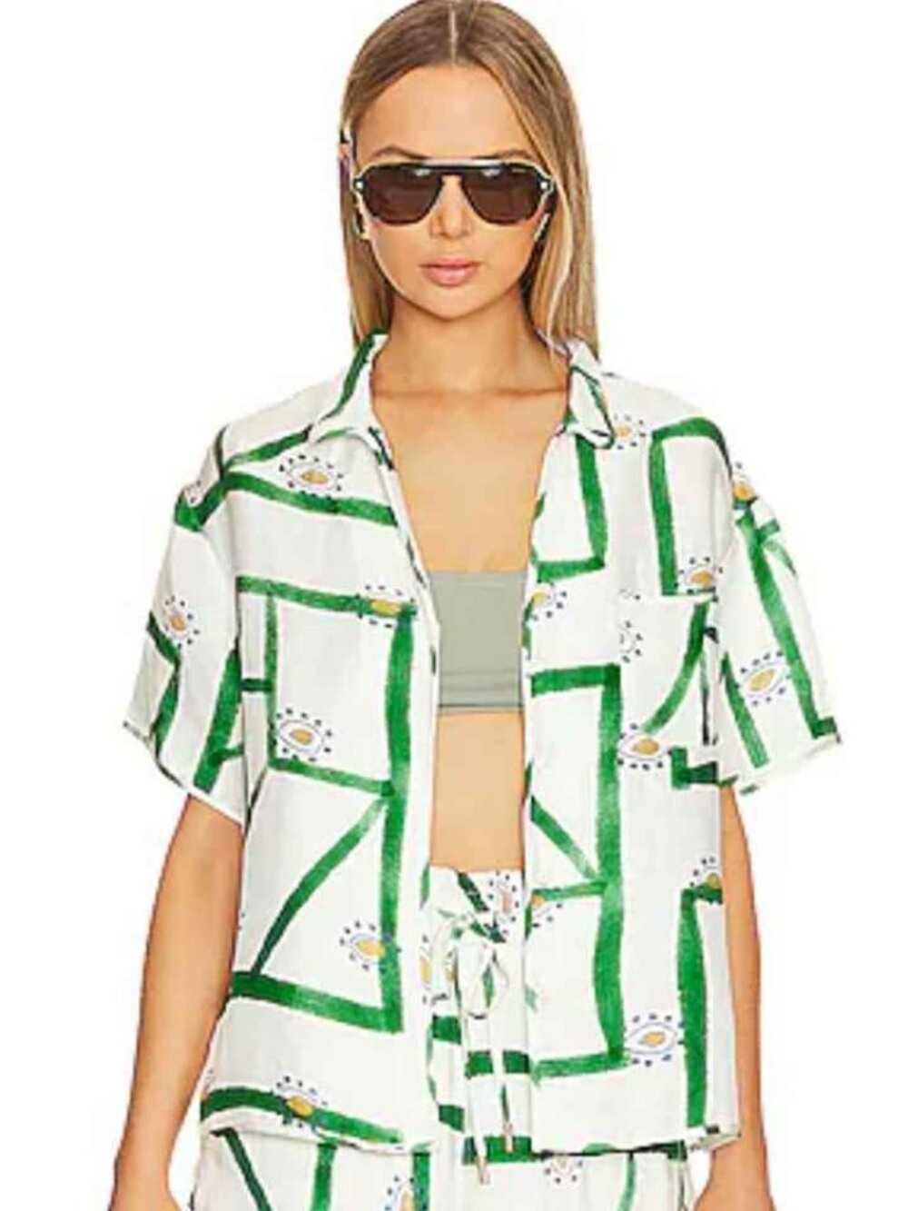 White Green Geometric Print Short Sleeve Button Down Shirt